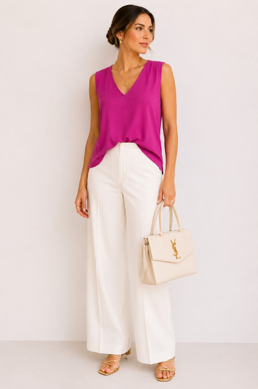 Robert Rodriguez Fuchsia Draped Back Medium Sleeveless V Neck Designer Blouse